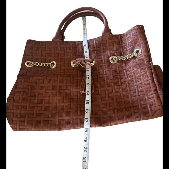 Big Buddha Top Handle Basketweave Texture Brown Boho Tassel Tote Bag - Picture 9 of 10